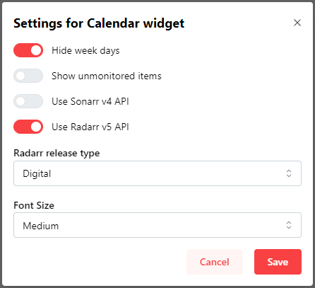 configuration of the calendar widget